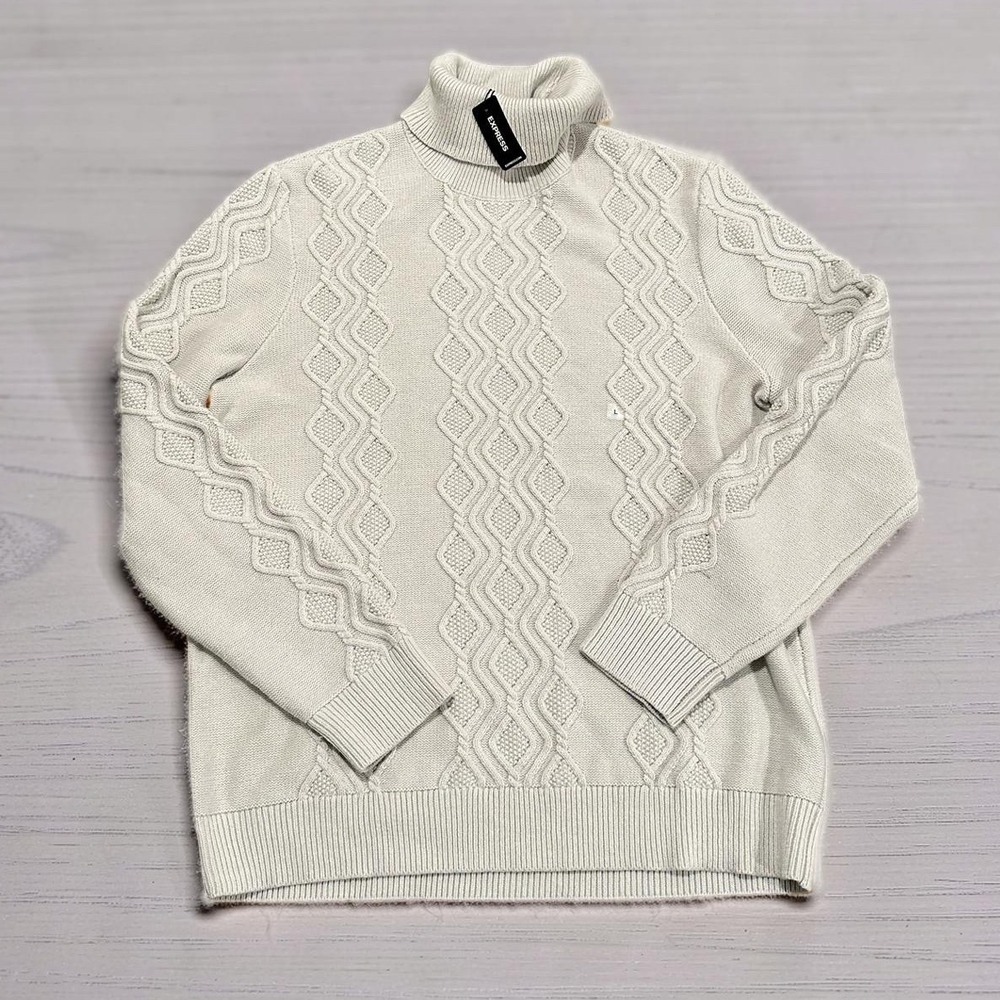 Express Mens Cream Cable Knit Turtleneck Sweater Off White 03985908 Large NEW